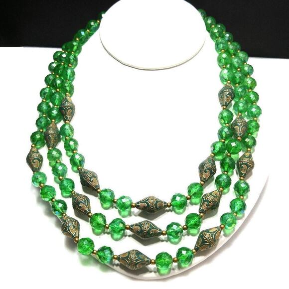 Vintage Green Gold Art Beads Necklace, Three Strands, 19 Inches - Picture 2 of 10